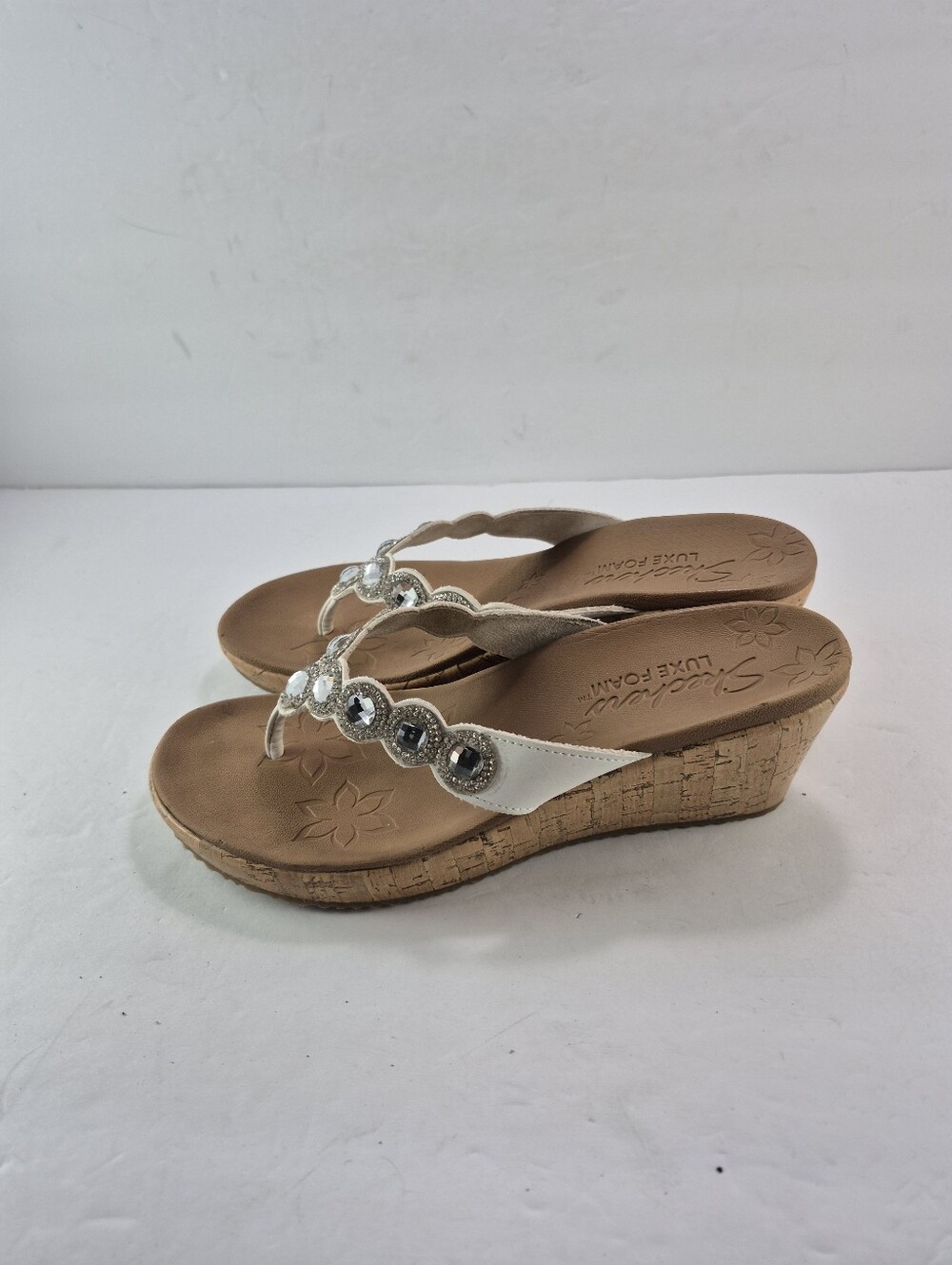 Skechers Cali Beverlee Bizzy Babe Rhinestone Cork Wedge Sandals White Size 7